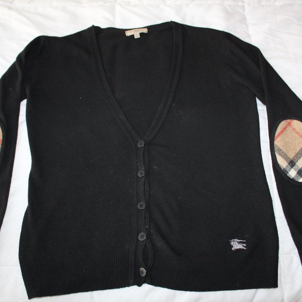 BURBERRY LONDON BLACK CARDIGAN WITH NOVA CHECK ELBOW PATCH SIZE S